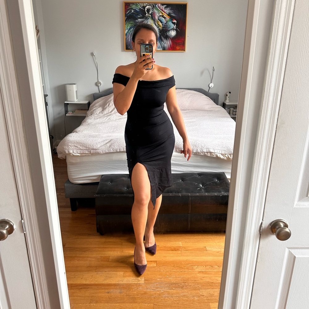 Black off the shoulder body on dress
